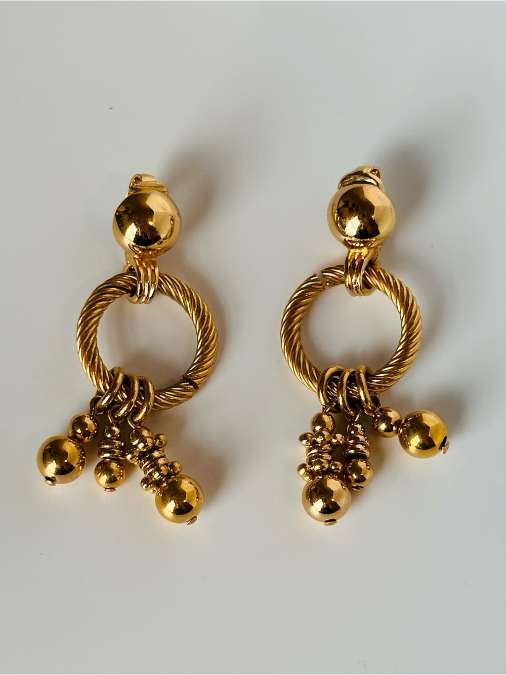 Vtg Christian Dior Gold Earrings Dangle Charms DoorKnocker Clip on Germany 2”